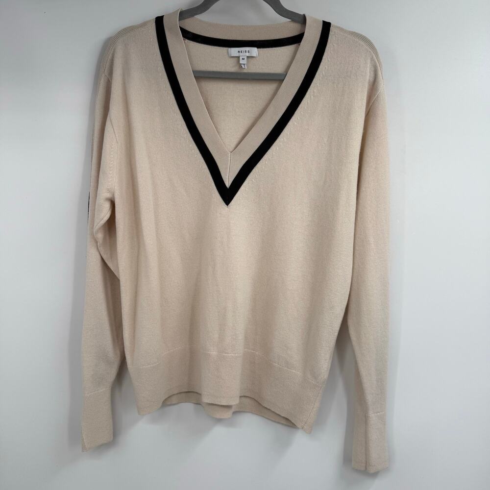 Reiss Long Sleeve V-Neck Knit Pullover Sweater Womens Beige Medium Relaxed Fit